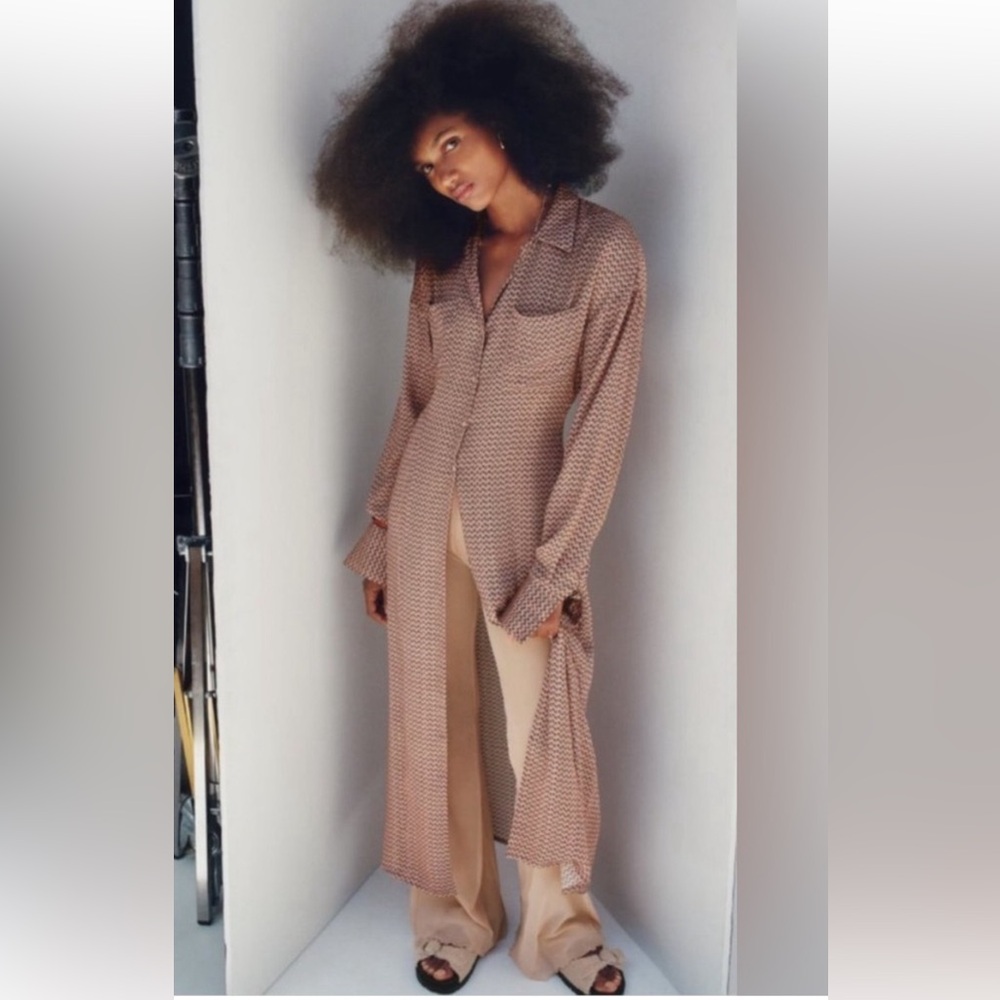 Zara Polyester Printed Button-Up Duster Tunic Dre… - image 1